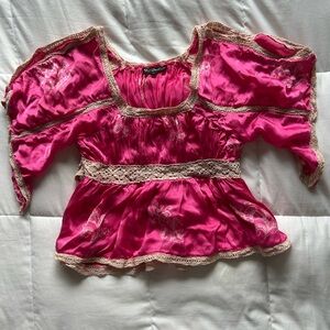 Vintage Axel Fuchsia Y2K Floral Satin Peasant Top with Lace Trim